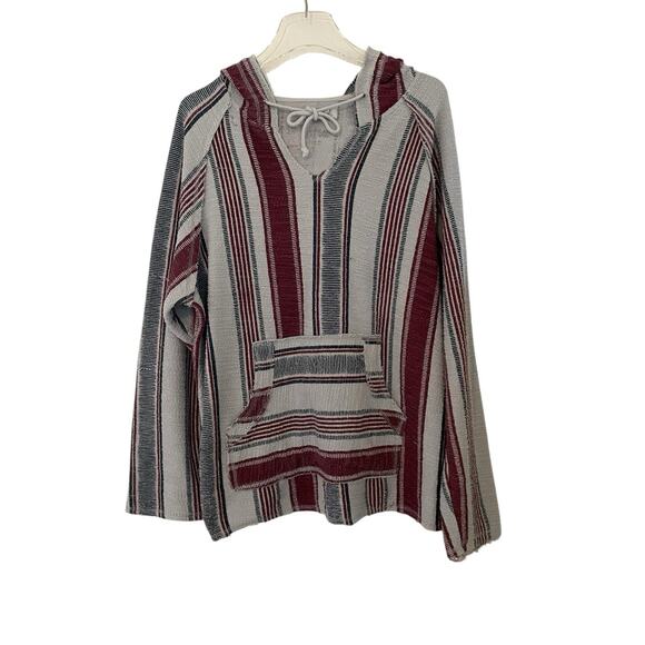 American Crown Baja Hoodie XL Pullover Striped Surf Rug Knit Gray Maroon Pocket - Picture 1 of 11